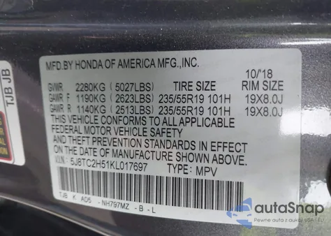 2019 Acura Rdx Technology Package from USA, damaged, VIN 5J8TC2H51KL017697